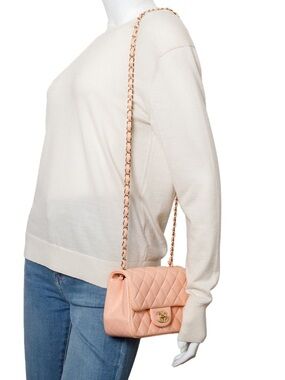 Chanel Mini Square Flap bag in pink quilted lambskin with light gold hardware